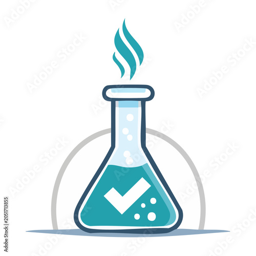 Erlenmeyer flask with check mark and bubbles, flat design icon