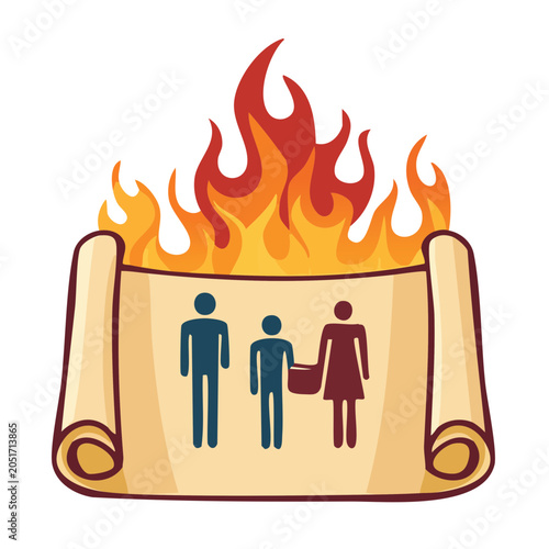 Family on burning scroll illustration