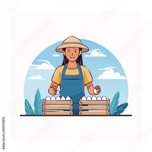 Farmer collecting fresh eggs in crates