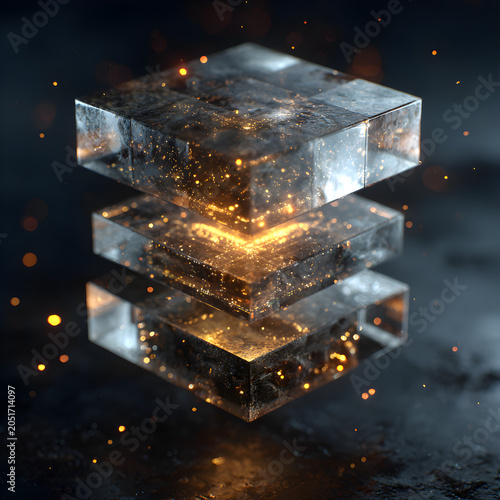 Stacked glass slabs illuminated by warm light and sparkling particles