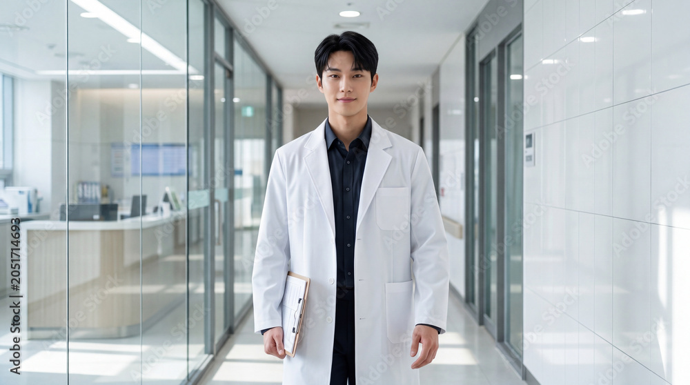 Fototapeta premium Confident young Asian male doctor holding clipboard standing in modern bright hospital corridor, premium healthcare medical portrait