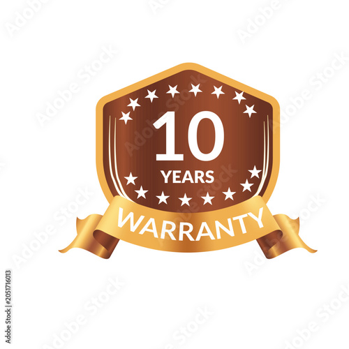 A shiny gold and brown warranty badge displays ten years on a white background