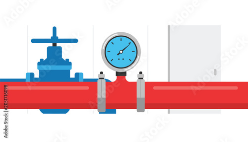 Crimson pipe with valve and flow gauge showing measurement against a plain wall for monitoring liquid and gas force levels.