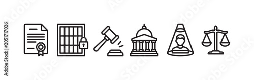 Bild auf Leinwand Law and Justice Outline Icons Set: Contract, Imprisonment, Gavel, Courthouse, Su