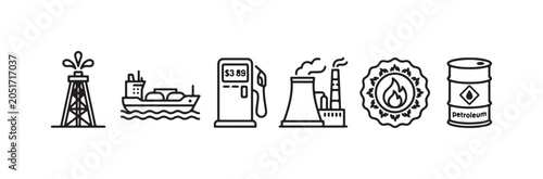 Canvas Print Collection of detailed line art icons related to the oil and gas industry, featuring an oil rig, tanker ship, gas pump, factory, burning sun, and petroleum barrel