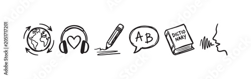Foto Hand-drawn communication and language study icons depicting translation, listening, writing, speech, dictionary, and speaking