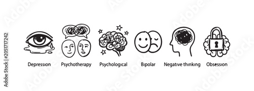 Labeled Mental Health and Psychological Outline Icons: Depression, Psychotherapy, Bipolar, Negative Thinking, Obsession