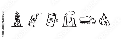 Doodle style icons illustrating the oil and gas industry, with an oil rig, fuel pump, oil barrel, factory, tanker truck, and flame symbol.
