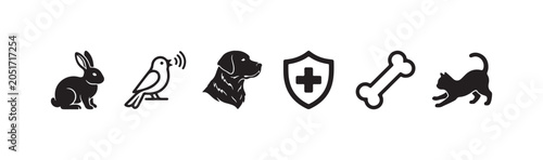 Konstfotografi Solid silhouette icons for pets and animal welfare services, including a rabbit, singing bird, dog head, medical shield, bone, and walking cat
