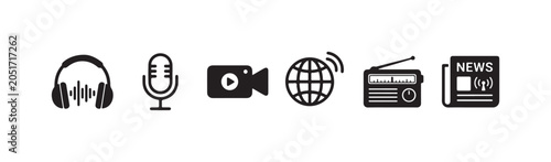 Collection of solid silhouette icons for various media and communication forms: headphones, microphone, video camera, global network, radio, and newspaper.