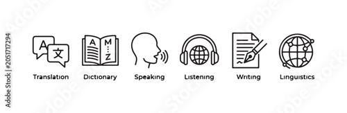 Photos Linguistics and language skills line icons with labels