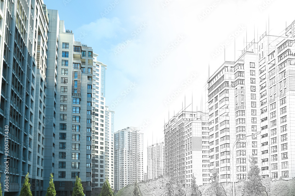 Fototapeta premium Cityscape with different buildings partly depicted as graphic sketch