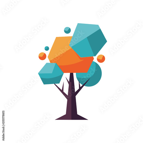 Geometric tree with colorful shapes.