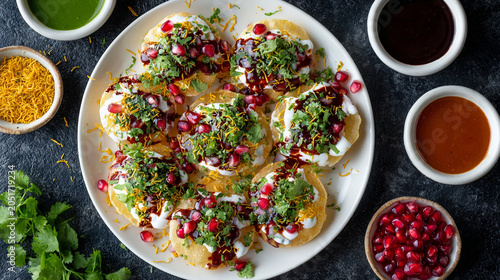 Delicious papdi chaat with pomegranate and fresh herbs