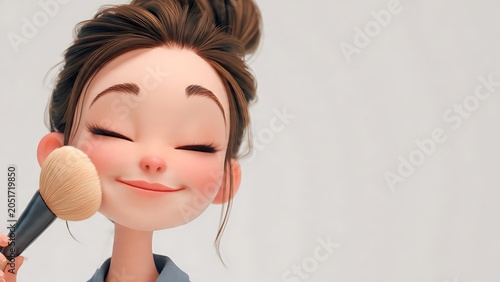 Peaceful 3D animated woman applying powder with a makeup brush. Smiling girl avatar on a light grey copy space background.