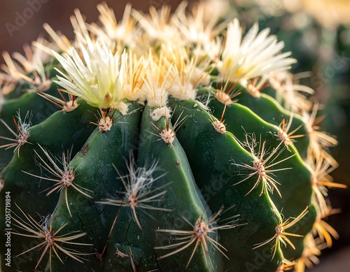 Close-up of a vibrant green succulent cactus, crowned with delicate, cream-colored blossoms. Spikes and ridges create textural detail
