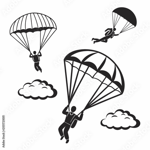 Foto Parachuting adventure with three parachutists in the sky parachute jump parachut