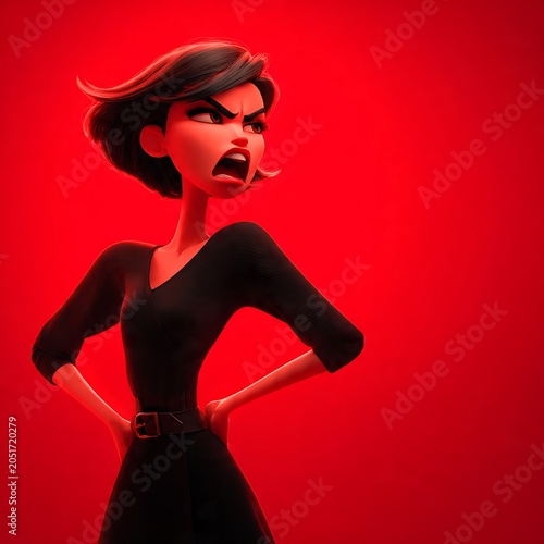 Furious 3D animated woman shouting with hands on hips. Angry girl avatar in a black dress on a vibrant red copy space background.