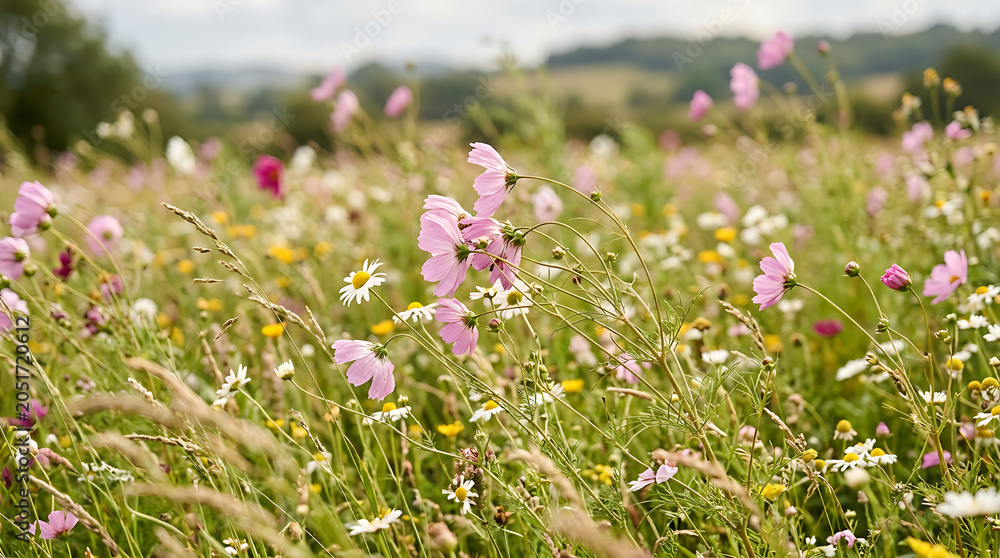 Obraz premium Vibrant wildflower meadow with pink cosmos and white daisies in a sunlit rural field during summer season