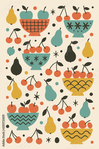 Midcentury Fruit Bowls Banana Cherry Pear Apple Cherries Cute Tropical Sweet Fresh Fun Summer Colorful Vector Print
