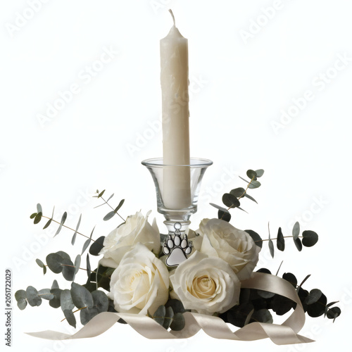 Luxury Pet Memorial Candle Arrangement with Paw Print Keepsake Isolated on White Background