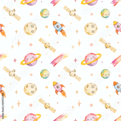Watercolor Little Astronaut Space Nursery Seamless Pattern