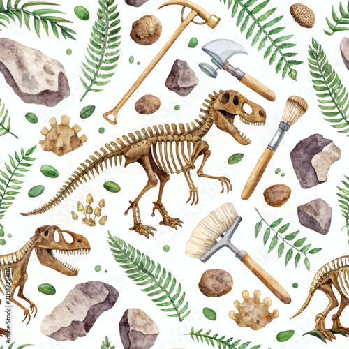Watercolor Dinosaur Fossil Discovery Seamless Pattern