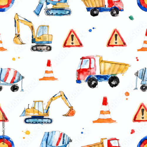 Watercolor Construction Vehicles Seamless Pattern for Kids