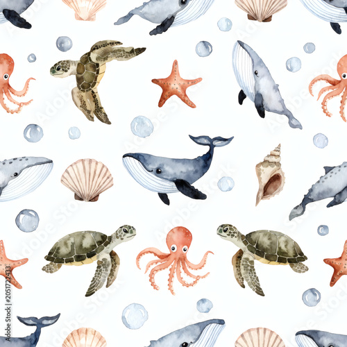 Watercolor Ocean Animals Educational Seamless Pattern