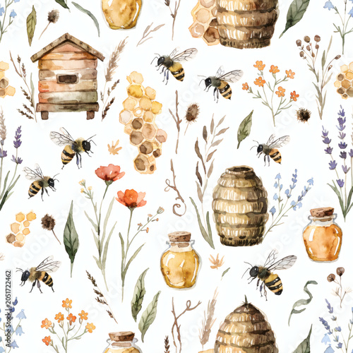 Watercolor Honey Bee Garden Seamless Pattern