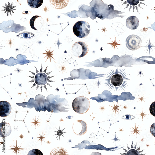 Watercolor Celestial Moon and Stars Seamless Pattern
