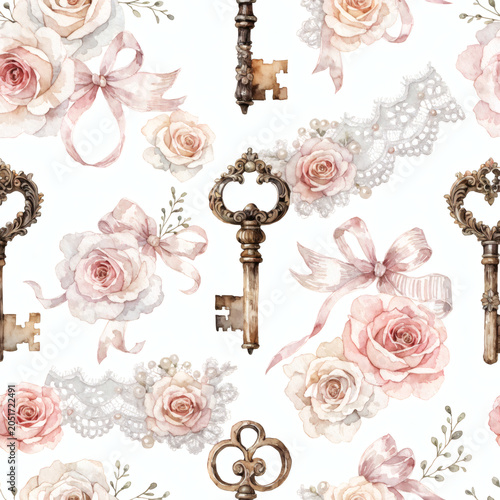 Watercolor Antique Keys and Vintage Roses Seamless Pattern