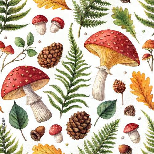 Watercolor Woodland Mushroom Seamless Pattern