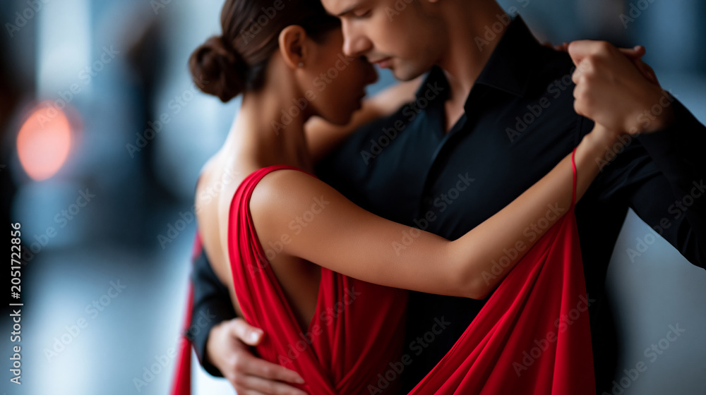 Obraz premium Anonymous couple performing a samba and tango ballroom dance in elegant sport attire, Latin dance performance concept, faceless, defocused, with copy space