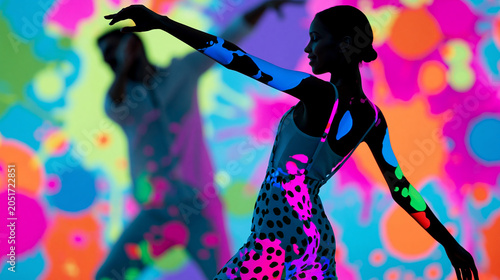 Silhouette of an anonymous dancing couple expressing movement and passion against colorful abstract paint splashes, dynamic art and partnership concept, defocused, with copy space