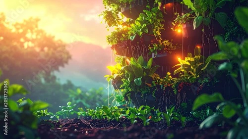 Lush vertical garden with vibrant plants and soil, bathed in sunlight