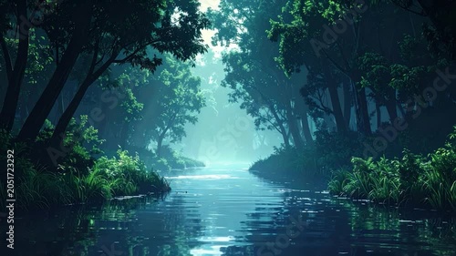 Forest landscape serene river flows through a vibrant green, dreamy scene