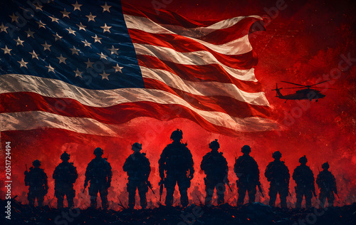 Silhouettes of Soldiers with American Flag at Sunset Patriotic Military Tribute