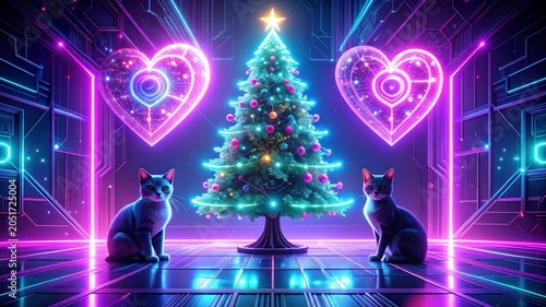 Cyberpunk scene featuring cats, a glowing tree, hearts, and neon lights