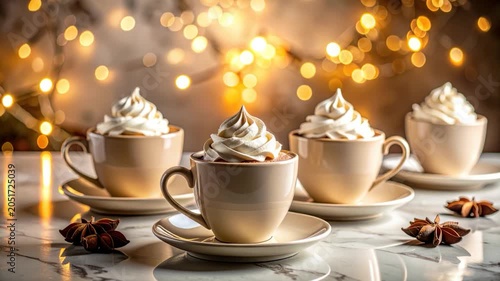 Creamy drinks in cups, with star anise, on a marble table and bokeh lights