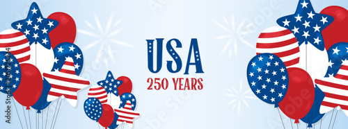USA 250 Years banner. Independence Day July 4 2026. America Anniversary.  Balloons bunch in American flag style with stars and stripes. Vector illustration. United States holiday, USA celebration