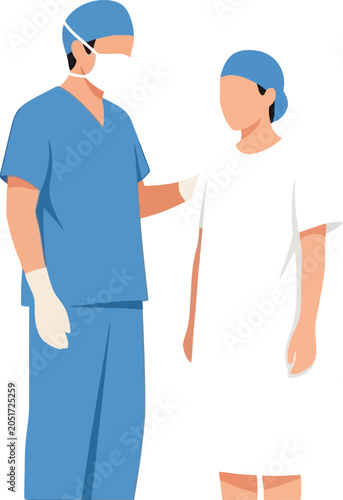 Surgeon in blue scrubs discussing medical procedure with patient