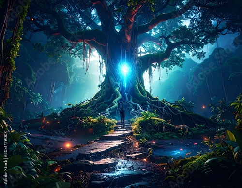 A fantasy majestic tree with glowing neon blue roots in a mystical enchanted forest.