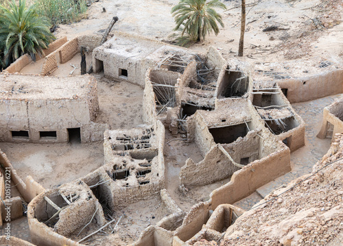 High angle view of ancient ruined mud and stone houses in Sakaka Al Jouf