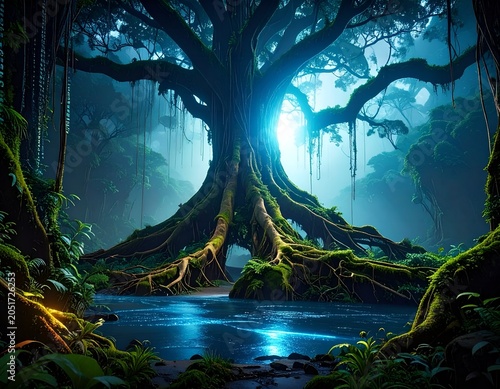 A fantasy majestic tree with glowing neon blue roots in a mystical enchanted forest.