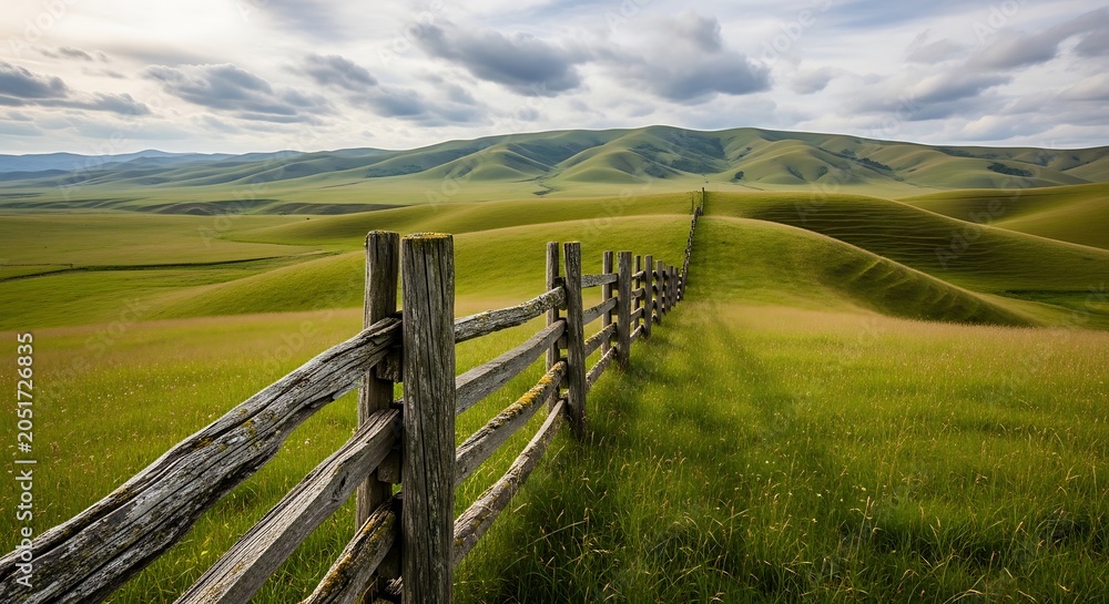 Obraz premium Wooden fence stretching across a vast, rolling green landscape
