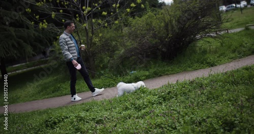 A man enjoys a leisurely stroll with his small white dog along a winding path surrounded by lush greenery in a vibrant park. It's a sunny day, perfect for outdoor activities