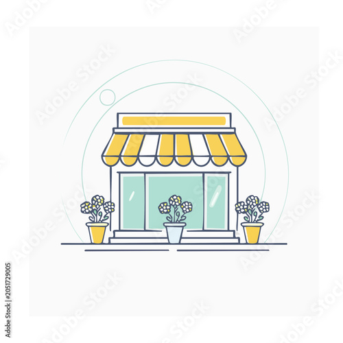 Flat design storefront with awning and potted flowers