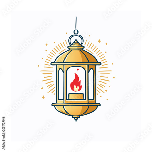 Golden lantern with flame and radiating light