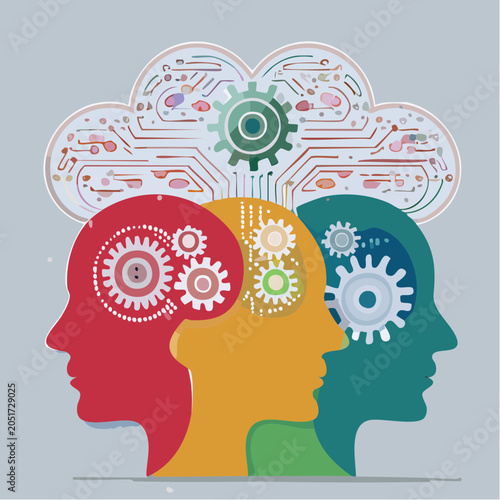 Human Heads with Gears and Cloud Circuit Board